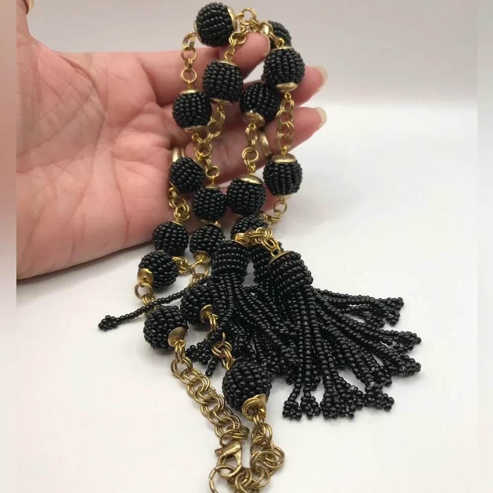 Elegant Black Seed Beads and Gold-Tone Accents with Beaded Tassels Necklace - Picture 8 of 8